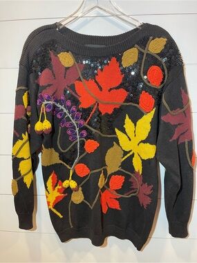 Vintage Spree International 1990’s Fall Leaf Motif Black Sweater Womens Medium
